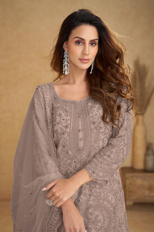Taupe Readymade Embroidered Net Suit-SAR13211_2_SareeButa.com