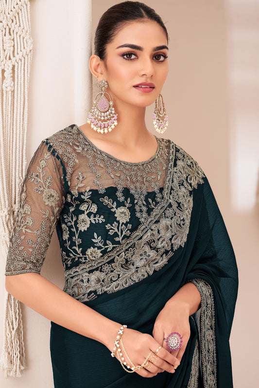 Teal Blue Embroidered Georgette Saree-ZB133376_2_SareeButa.com