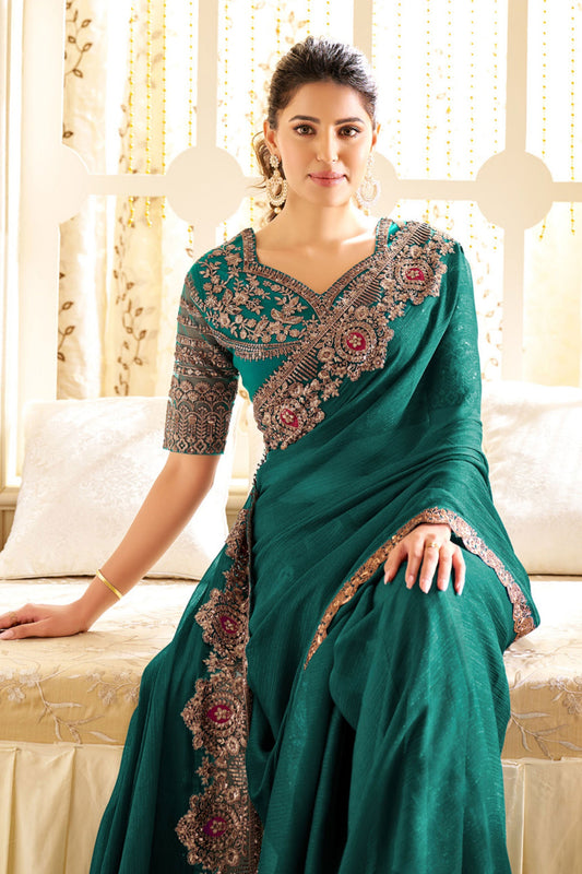 Teal Blue Embroidered Shimmer Georgette Saree-ZB133554_2_SareeButa.com
