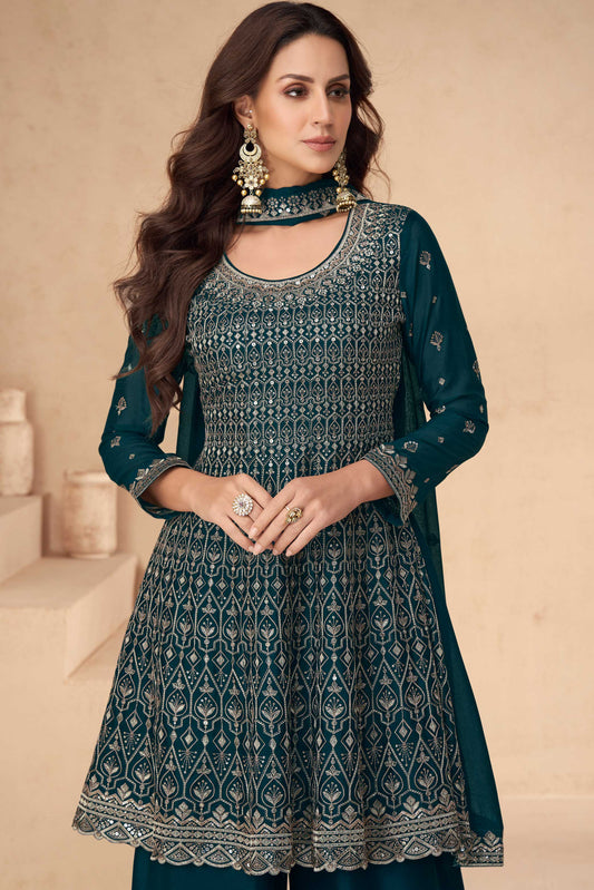 Teal Blue Readymade Chinon Silk A-Line Suit-SS330_2_SareeButa.com