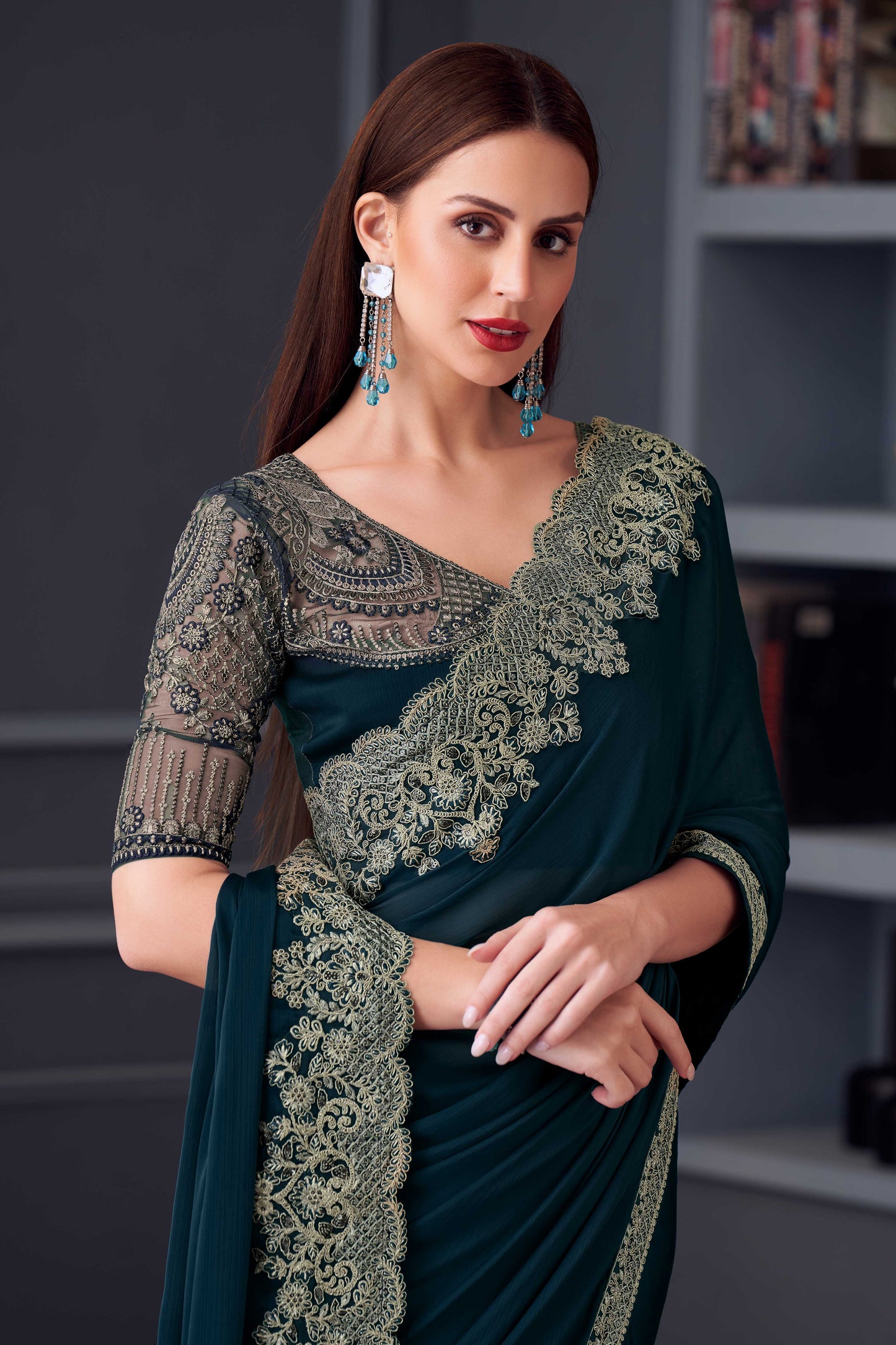 Teal Embroidered Chiffon Saree-ZB133657_2_SareeButa.com