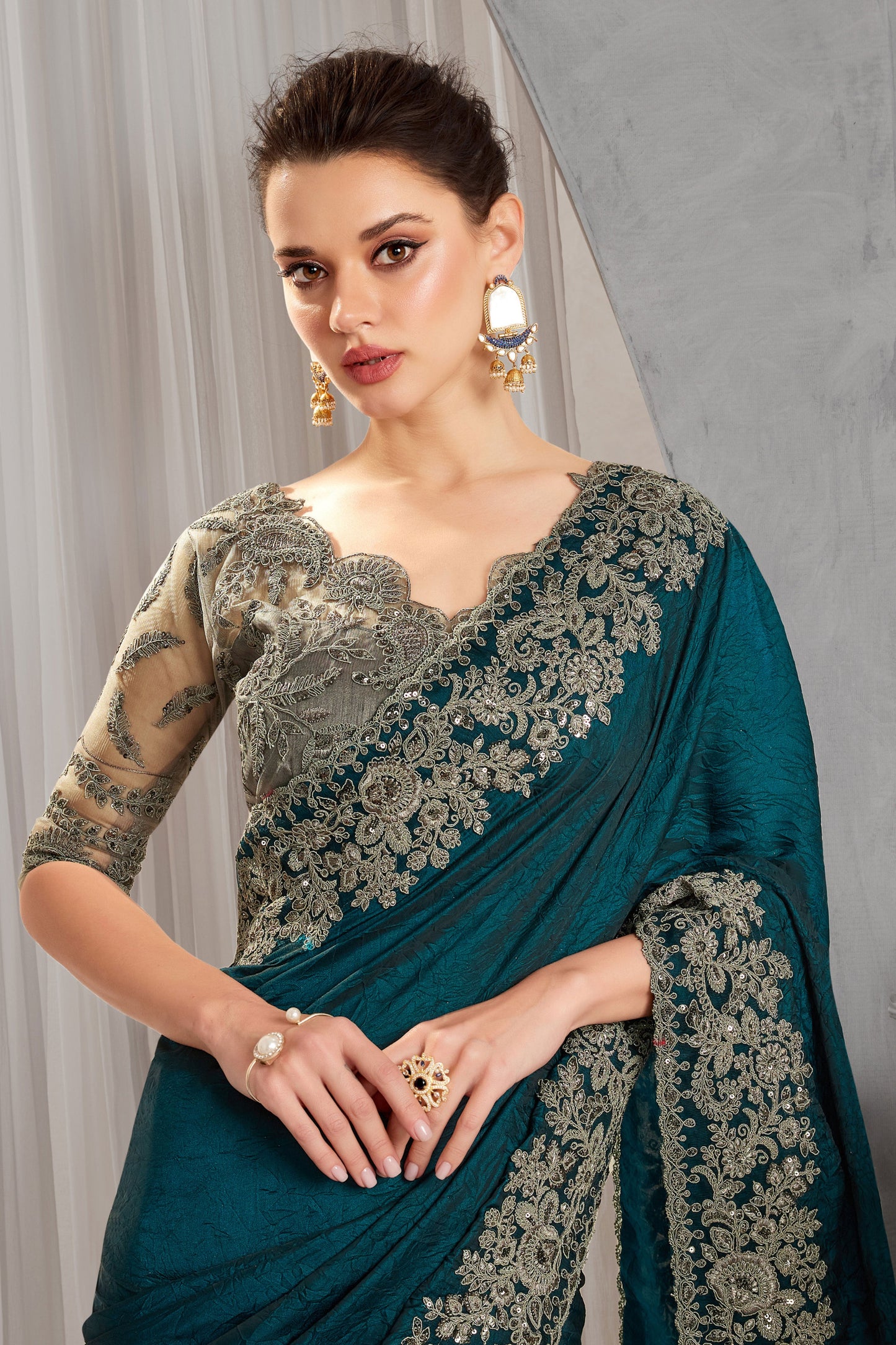 Teal Blue Embroidered Crush Silk Saree-ZB134245_2_SareeButa.com