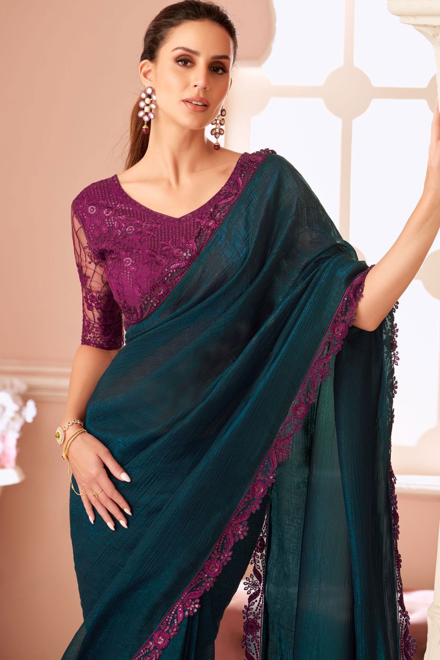 Teal Embroidered Georgette Saree-ZB133973_2_SareeButa.com