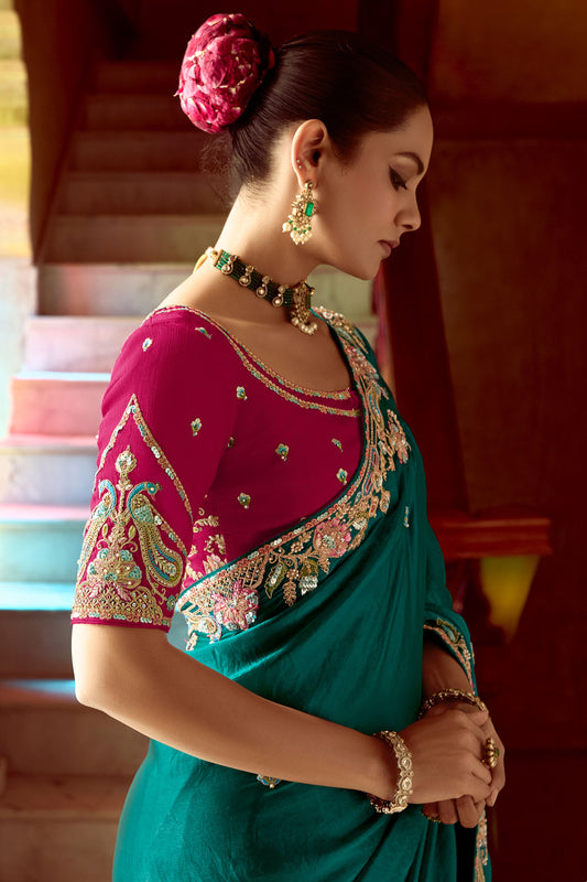 Teal Green Embroidered Organza Saree-ZB134260_2_SareeButa.com