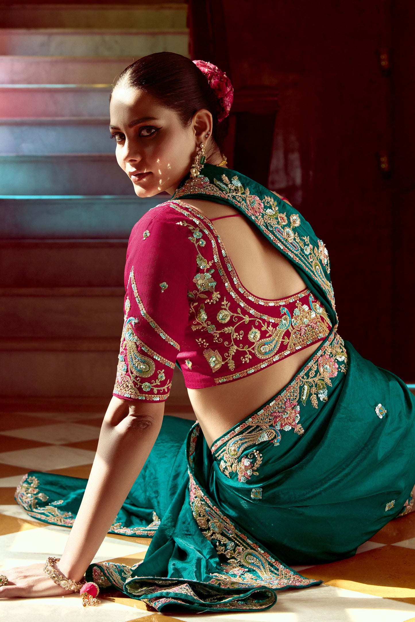 Teal Green Embroidered Organza Saree-ZB134260_4_SareeButa.com