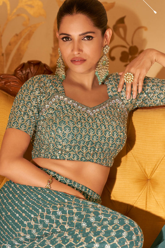 Teal Readymade Georgette Palazzo Set with Dupatta-SS987_2_SareeButa.com