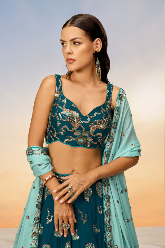 Teal Semi-Stitched Embroidered Georgette Lehenga-LC242_2_SareeButa.com