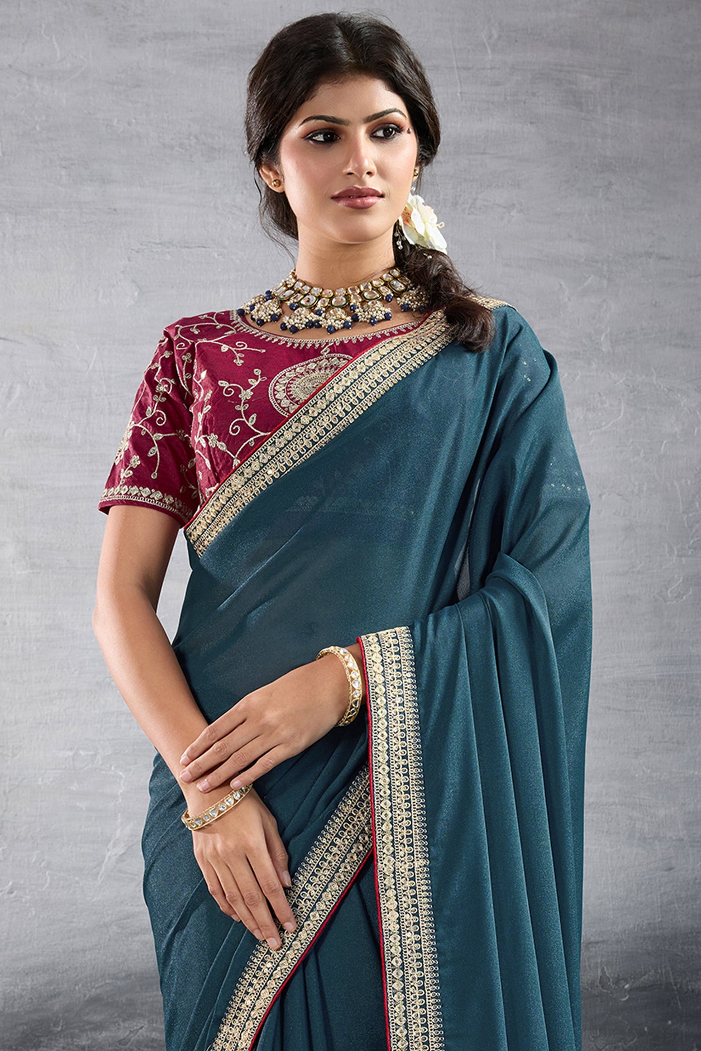 Teal Blue Embroidered Georgette Saree-SAR10600_5_SareeButa.com