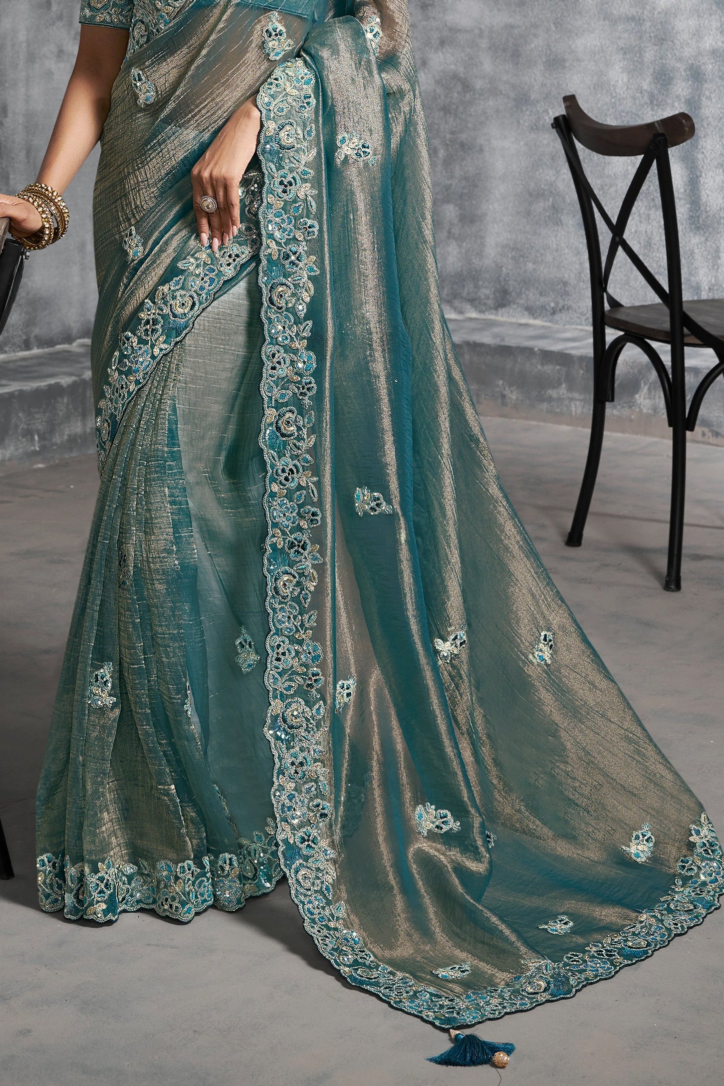 Teal Blue Embroidered Tissue Silk Saree-SAR10448_5_SareeButa.com