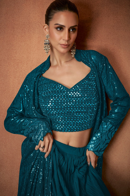 Teal Blue Readymade Georgette Skirt Set With Shrug-SAR12147_2_SareeButa.com