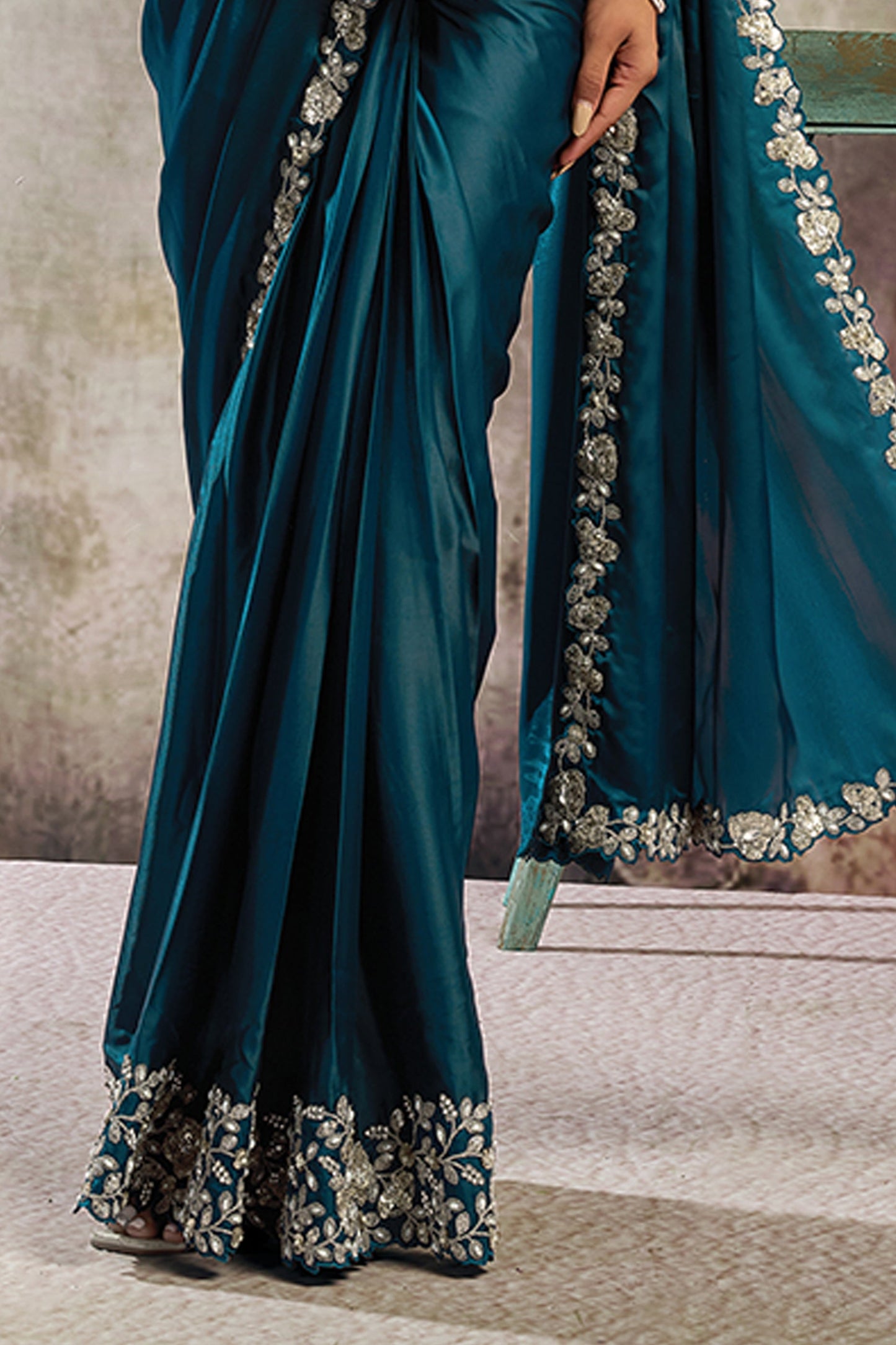 Teal Blue Satin Silk Readymade Saree with Stitched Blouse-SAR12096_4_SareeButa.com