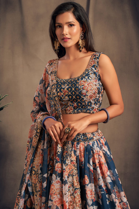 Teal Blue Semi-Stitched Embroidered Organza Lehenga-LC154_2_SareeButa.com