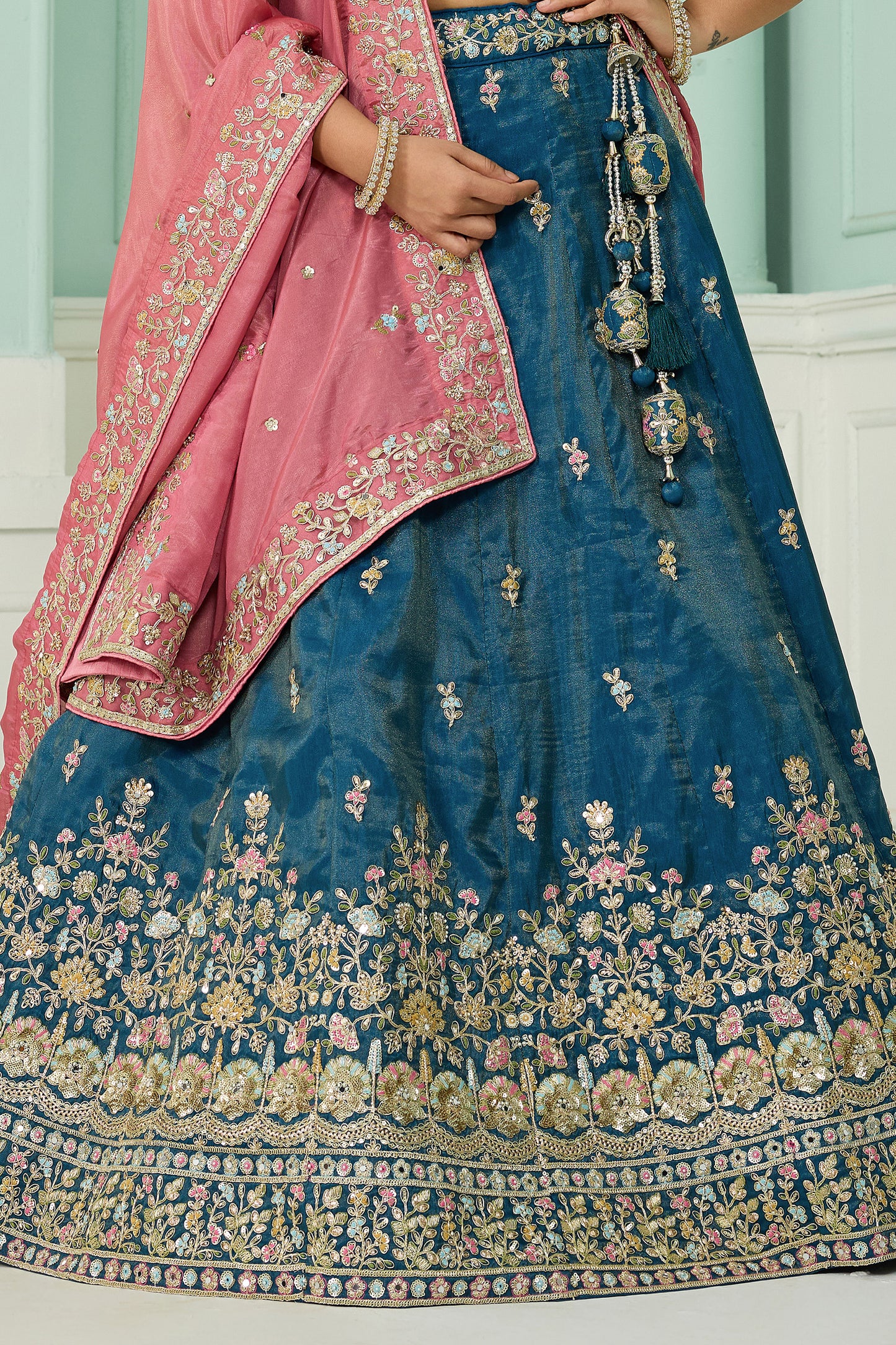 Teal Blue Semi-Stitched Embroidered Silk Lehenga