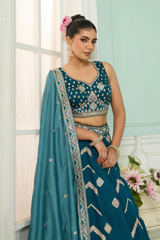 Teal Blue Semi-Stitched Embroidered Silk Lehenga-SAR10700_2_SareeButa.com