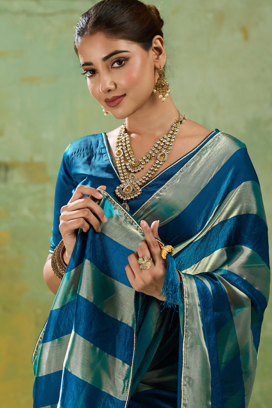 Teal Blue Velvet Satin Saree With Metallic Patta-SAR12947_2_SareeButa.com
