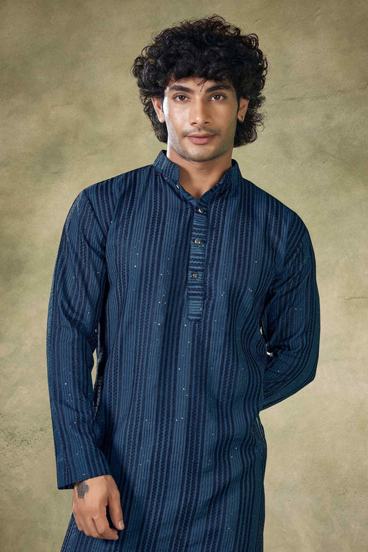 Teal Blue Viscose Sequin Kurta Pajama-MW43_2_SareeButa.com