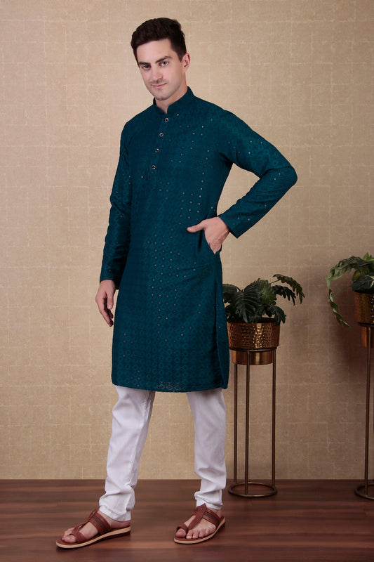 Teal Embroidered Cotton Kurta Pajama-MW47_2_SareeButa.com