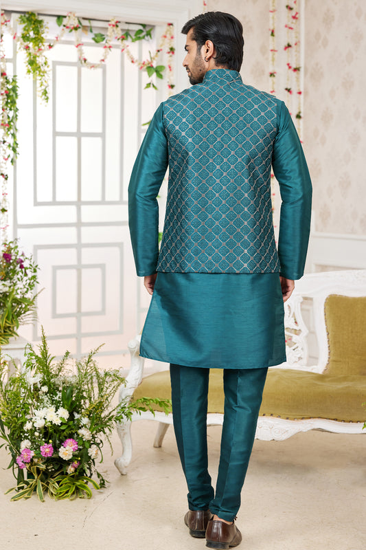 Teal Green Banarasi Silk Kurta Pajama With Jacket-SAR11414_2_SareeButa.com