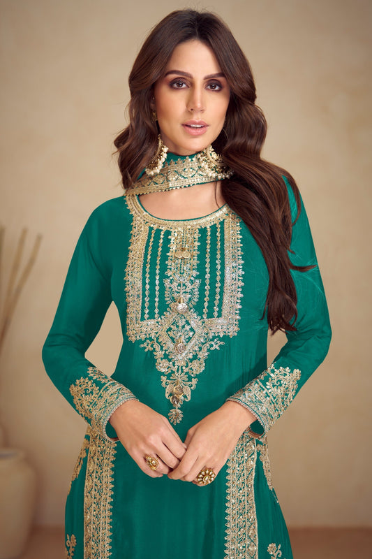 Teal Green Readymade Embroidered Chinon Suit-SAR10806_2_SareeButa.com