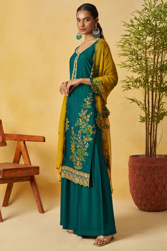 Teal Readymade Embroidered Organza Palazzo Suit-SAR10813_2_SareeButa.com