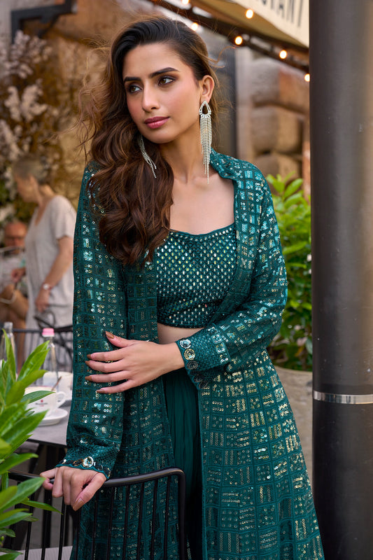 Teal Readymade Sequined Georgette Palazzo Set-SAR10516_2_SareeButa.com
