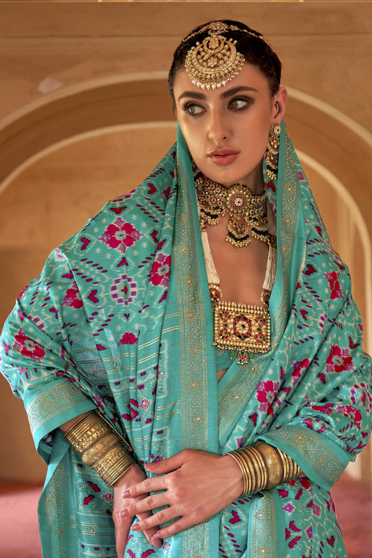 Turquoise Blue Printed Viscose Silk Patola Saree-SAR10196_2_SareeButa.com
