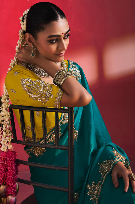 Turquoise Green Soft Silk Embellished Border Saree-SAR13309_2_SareeButa.com