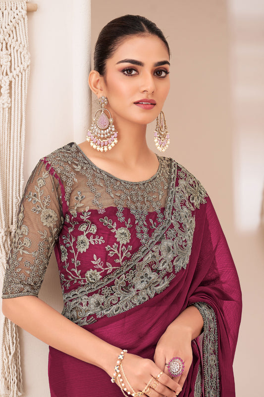 Wine Embroidered Georgette Saree-ZB133372_2_SareeButa.com
