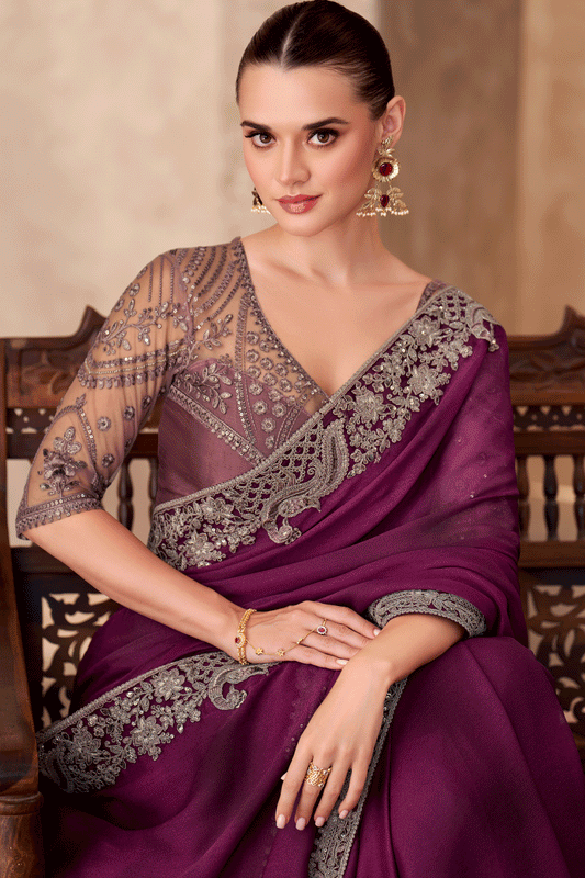 Wine Embroidered Satin Chiffon Saree-ZB134917_2_SareeButa.com