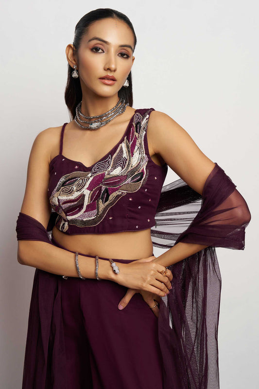 Wine Georgette Crop Top and Sharara Set-SS476_2_SareeButa.com