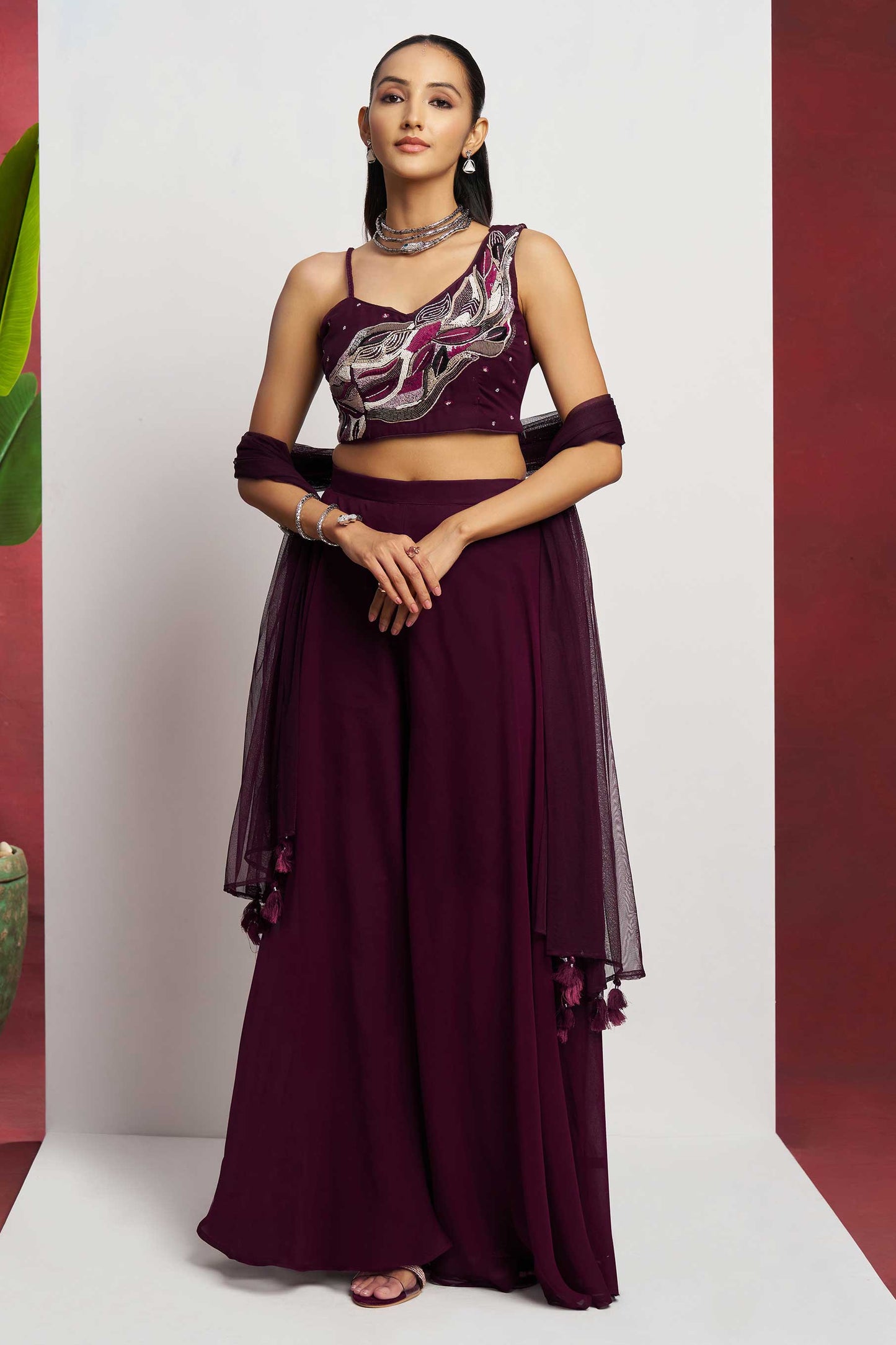Wine Georgette Crop Top and Sharara Set-SS476_5_SareeButa.com