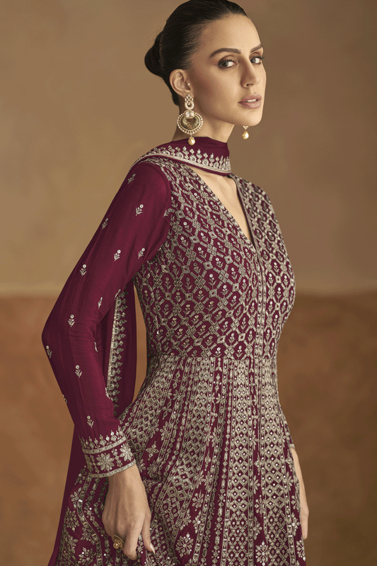 Wine Readymade Chinon Gown with Dupatta-SS432_2_SareeButa.com