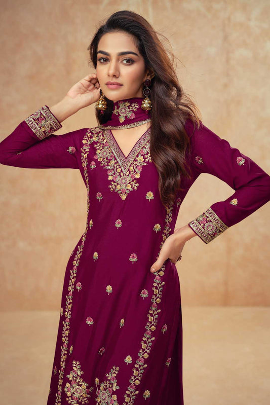 Wine Readymade Chinon Silk Suit-SS323_2_SareeButa.com