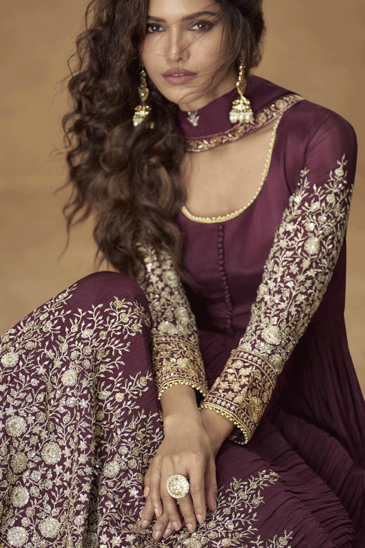Wine Readymade Embroidered Chinon Gown with Dupatta-SS858_2_SareeButa.com