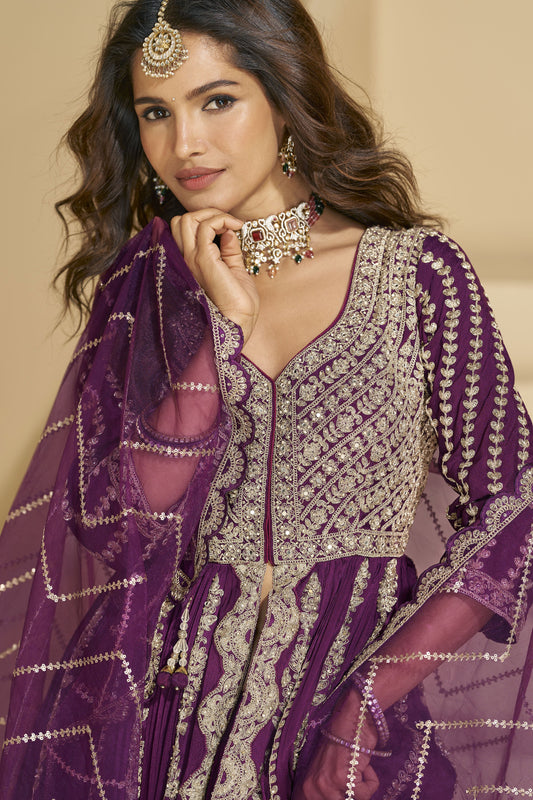 Wine Readymade Embroidered Chinon Silk Skirt Suit-SS826_2_SareeButa.com