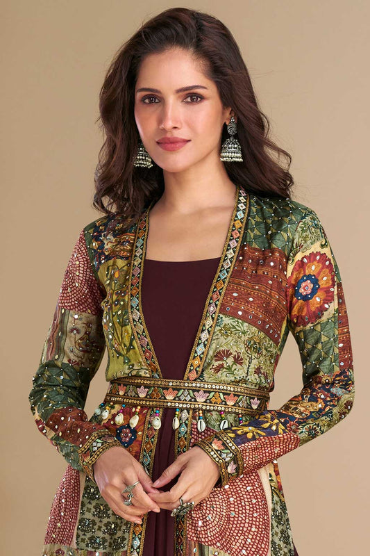 Wine Readymade Georgette Silk Gown with Jacket-SS672_2_SareeButa.com