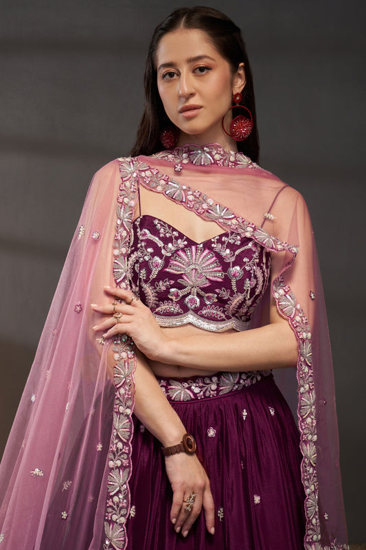 Wine Semi-Stitched Embroidered Chiffon Lehenga-LC243_2_SareeButa.com