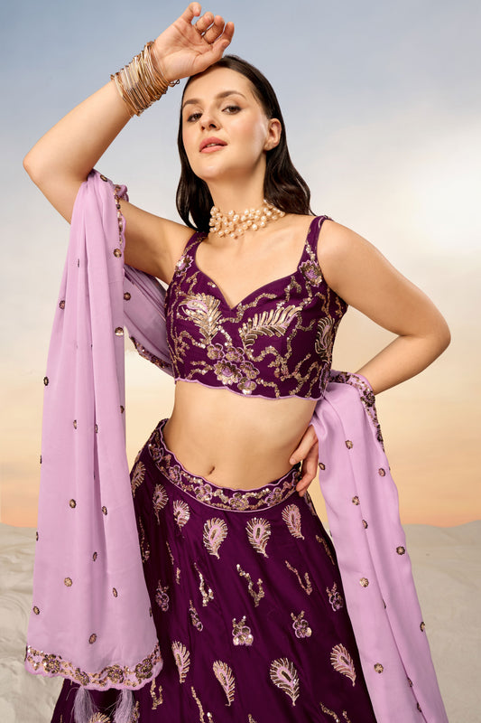 Wine Semi-Stitched Embroidered Georgette Lehenga-LC239_2_SareeButa.com