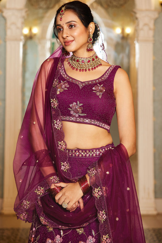 Wine Semi Stitched Embroidered Net Lehenga-LC106_2_SareeButa.com