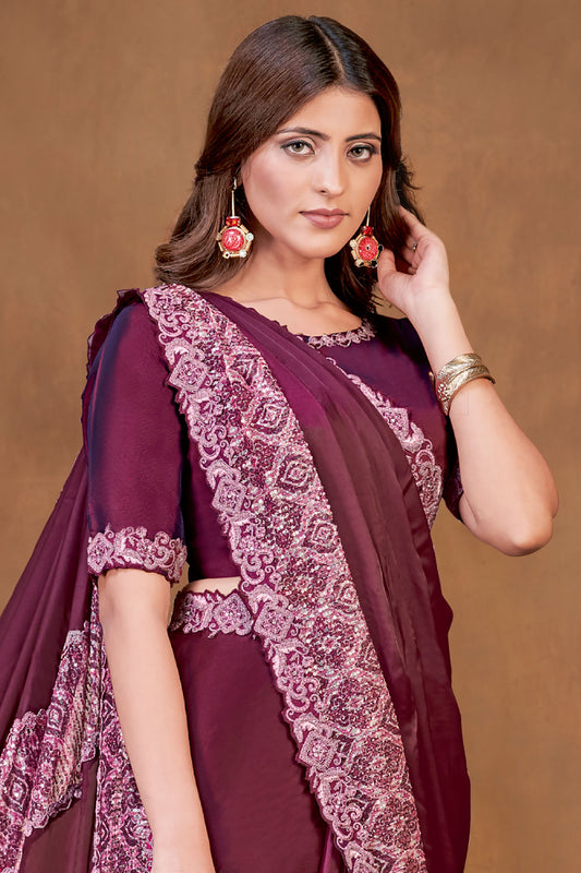 Wine Sequined Satin Crepe Readymade Saree-ZB133919_2_SareeButa.com