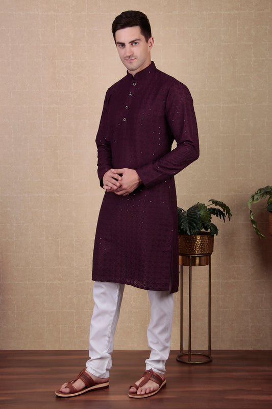 Wine Embroidered Cotton Kurta Pajama-MW49_2_SareeButa.com