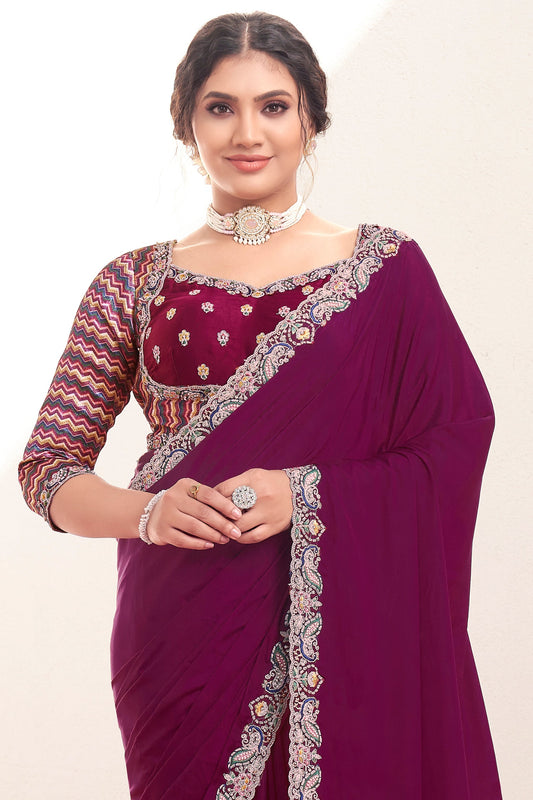 Wine Embroidered Crepe Silk Saree-ZB134571_2_SareeButa.com