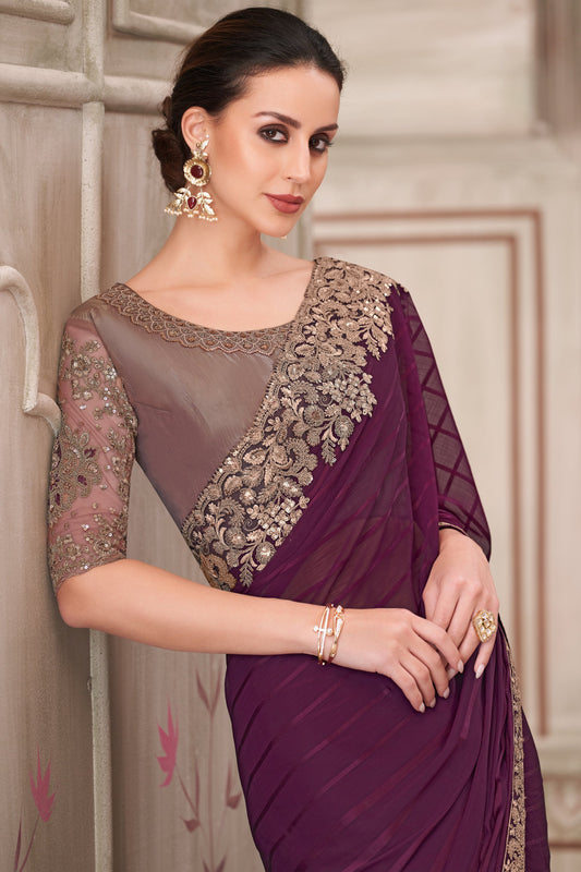 Wine Embroidered Georgette Silk Saree-ZB134561_2_SareeButa.com