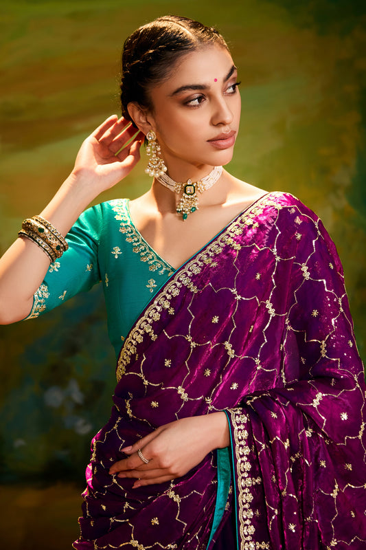 Wine Embroidered Organza Saree-ZB134609_2_SareeButa.com