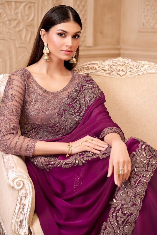 Wine Embroidered Satin Georgette Saree-SAR10590_2_SareeButa.com
