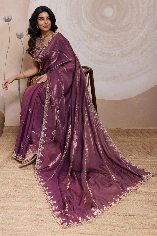 Wine Embroidered Satin Saree-SAR11786_1_SareeButa.com
