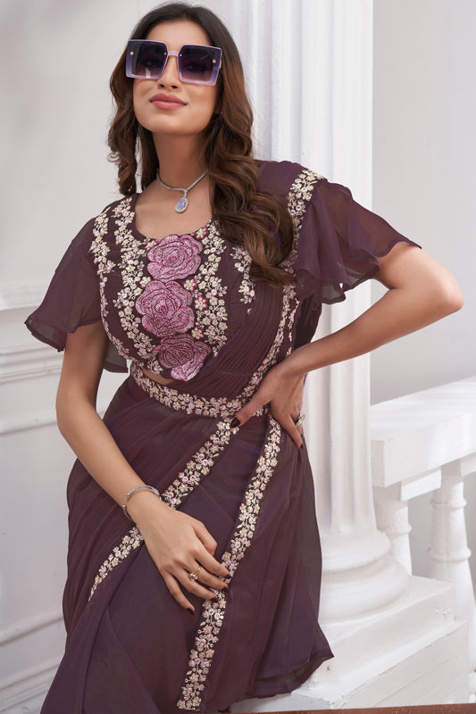 Wine Georgette Readymade Saree With Stitched Blouse-ZB133687_2_SareeButa.com