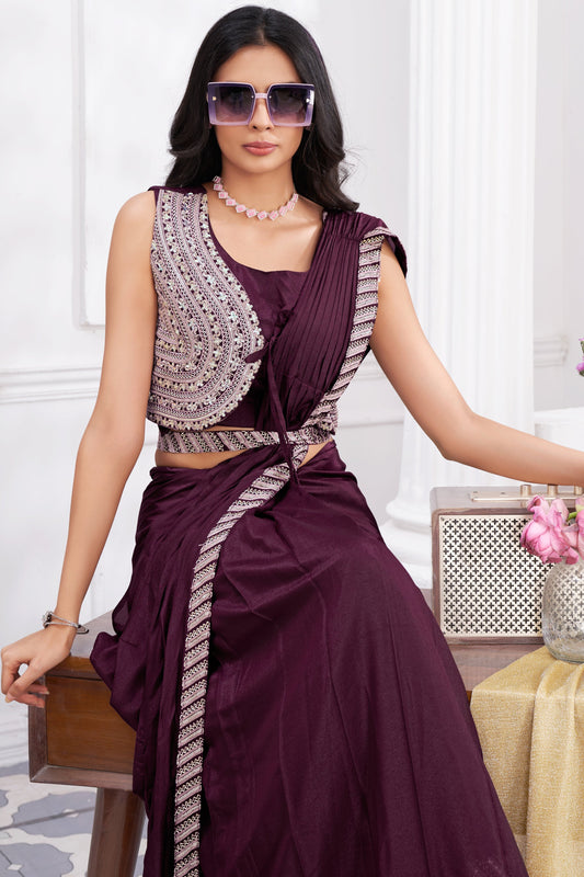 Wine Georgette Readymade Saree With Stitched Blouse-ZB133705_2_SareeButa.com