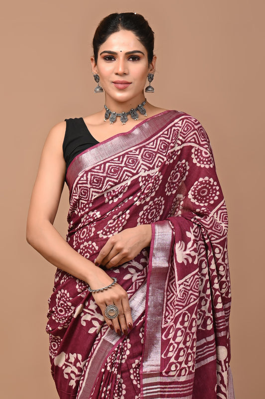 wine-handblock-print-cotton-linen-saree-zb132594_2_SareeButa.com