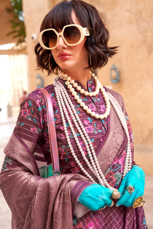 Wine Printed Georgette Saree with Jacquard Border-ZB133530_2_SareeButa.com